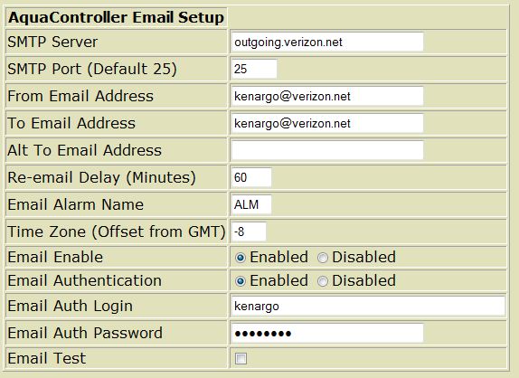 Image of the 'Email Setup' section from the 'Net Setup' screen on the AC3.